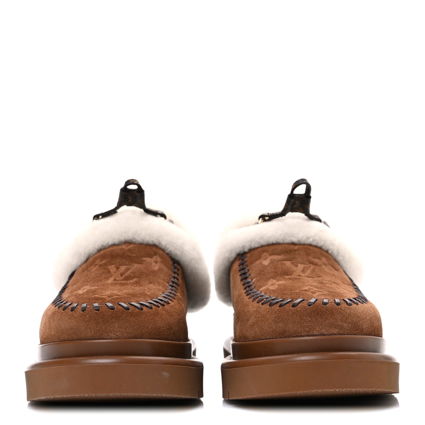 Suede Calfskin Shearling Monogram Debossed Cortina Closed Mule 38 Light Beige