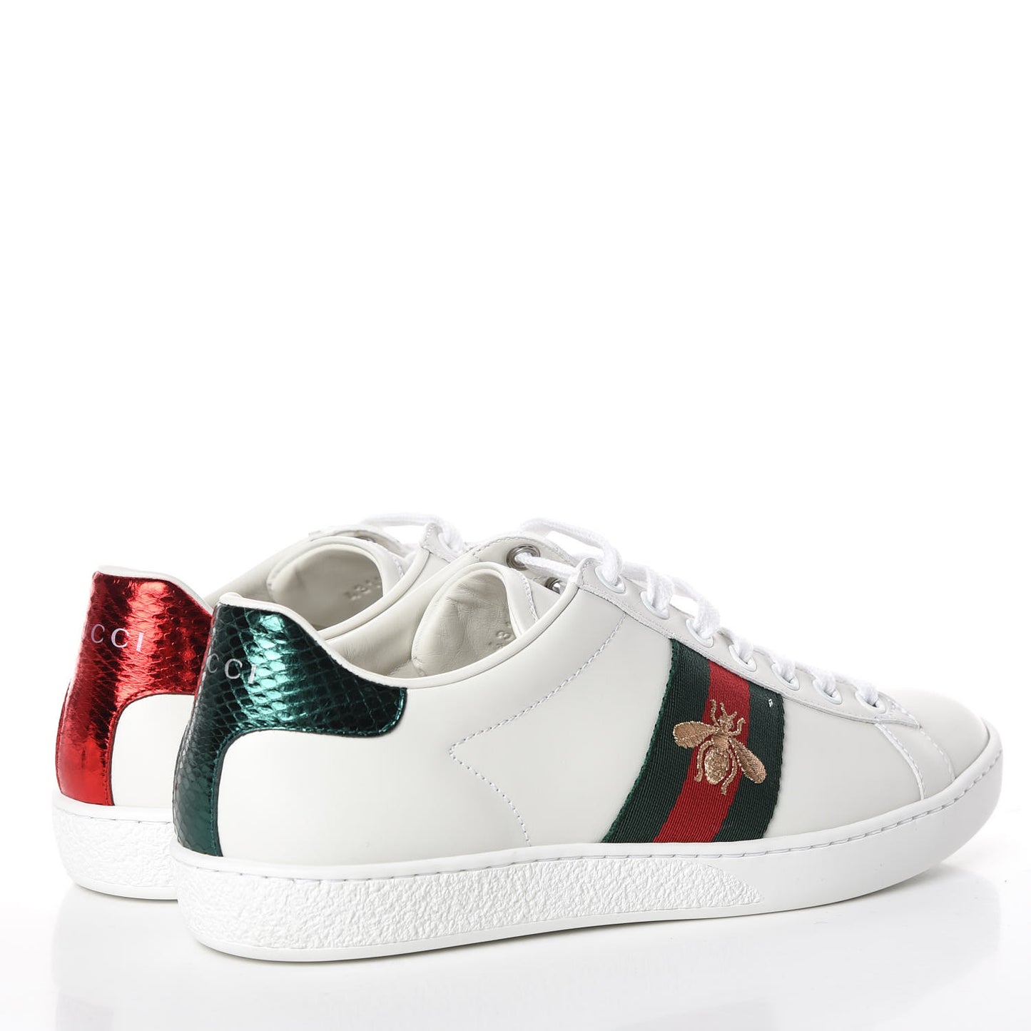 Calfskin Ayers Bee Embroidered Womens Ace Sneakers 36 White Green