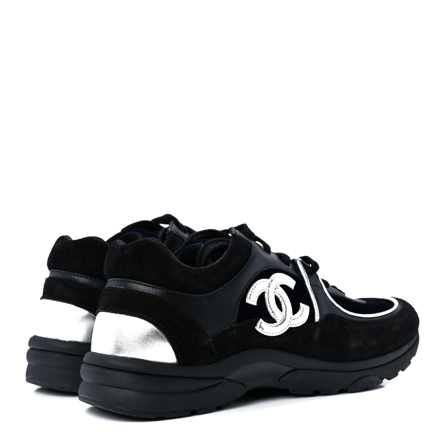 Chanel Suede Velvet Lambskin CC Sneakers 37.5 Black Blue Silver 4 of 9