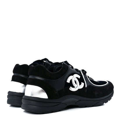 Chanel Suede Velvet Lambskin CC Sneakers 37.5 Black Blue Silver 4 of 9