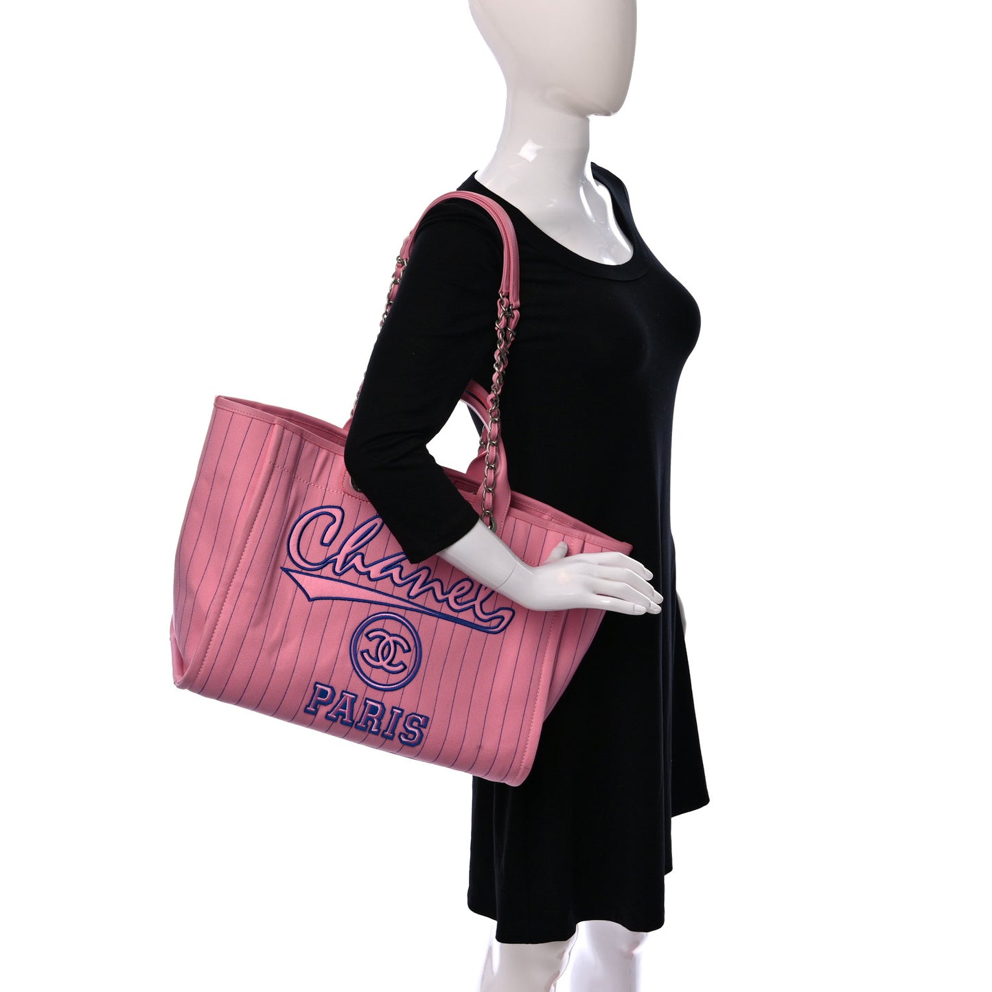 Canvas Calfskin Striped Medium Deauville Tote Pink