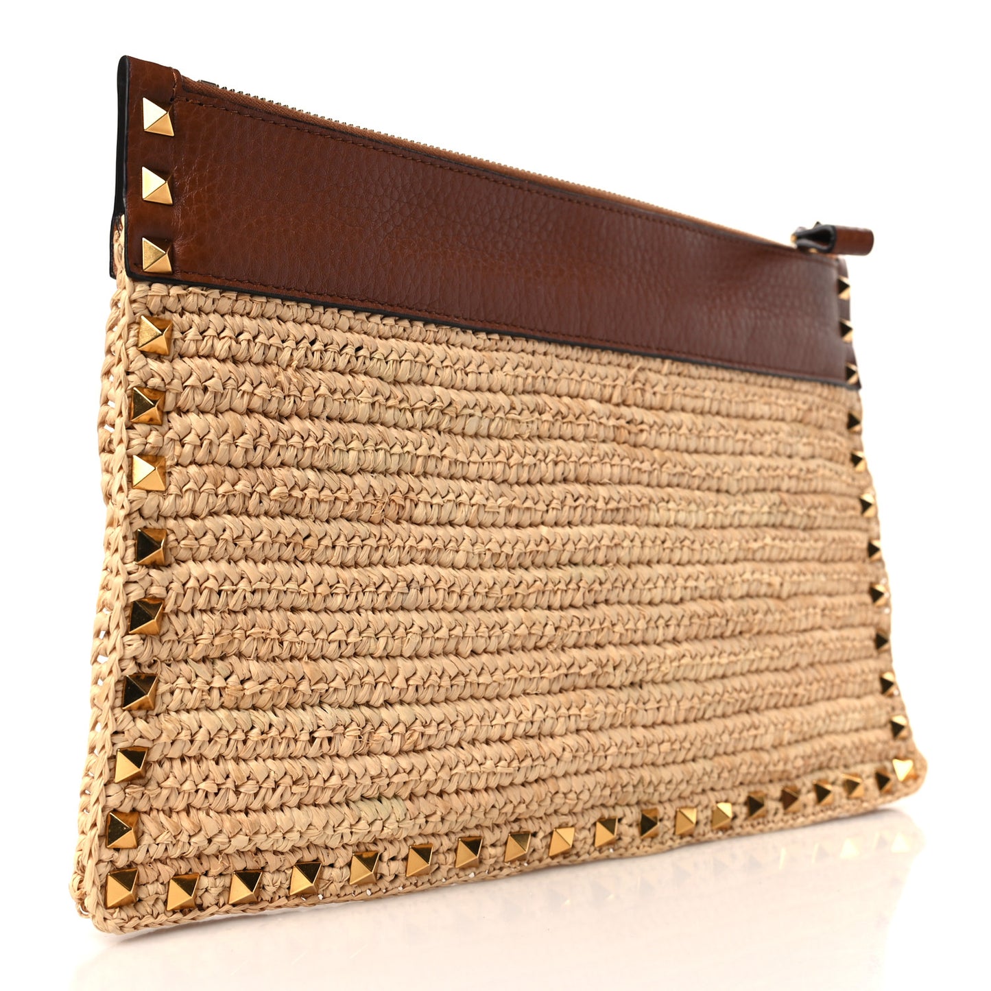Raffia Calfskin Large Rockstud Zip Pouch Naturale Saddle Brown