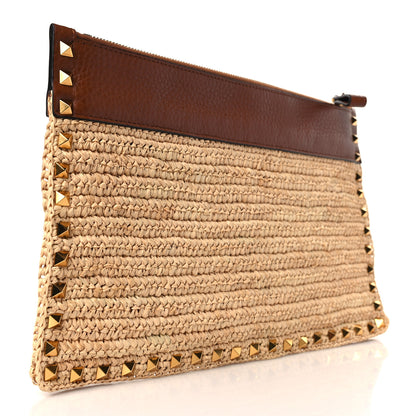 Valentino Garavani Raffia Calfskin Large Rockstud Zip Pouch Naturale Saddle Brown 3 of 8