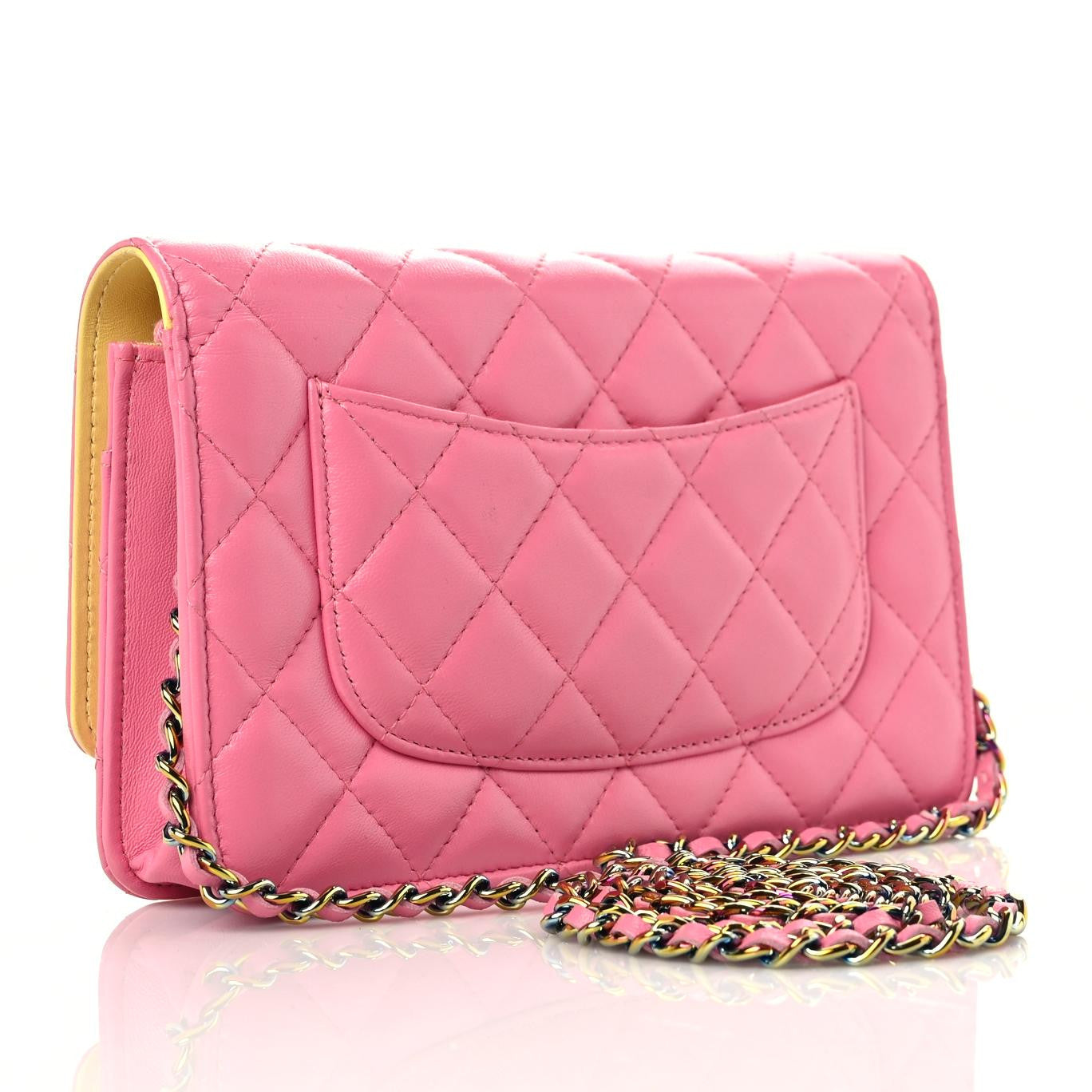Chanel Lambskin Quilted Wallet On Chain WOC Pink Yellow 3 of 16