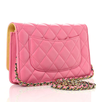 Chanel Lambskin Quilted Wallet On Chain WOC Pink Yellow 3 of 16