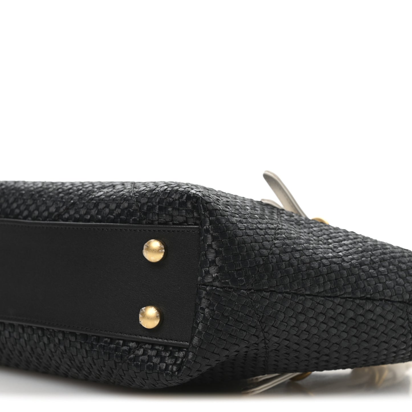 Calfskin Raffia Braided Small Shopping Tote Black White