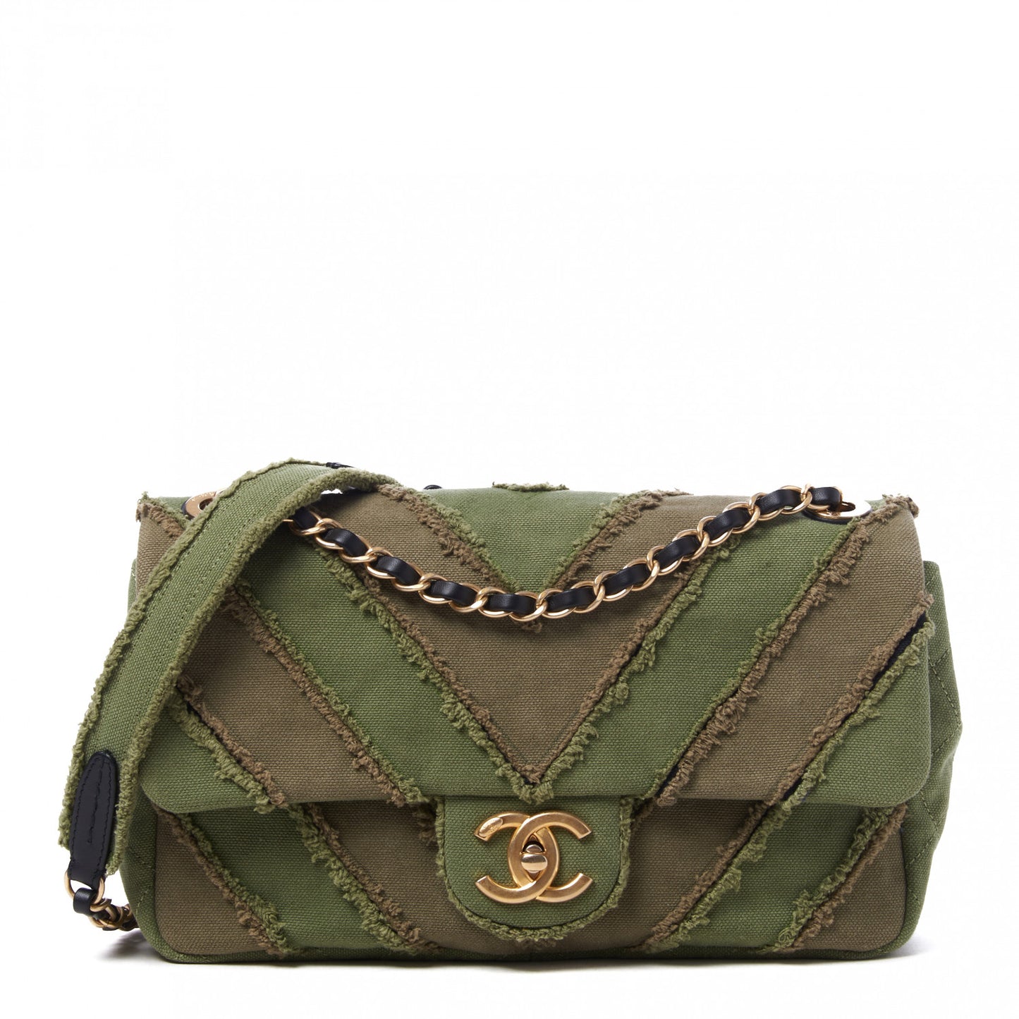 Canvas Chevron Cuba Patchwork Medium Single Flap Khaki