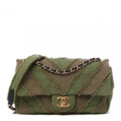 Chanel Canvas Chevron Cuba Patchwork Medium Single Flap Khaki 1 of 10