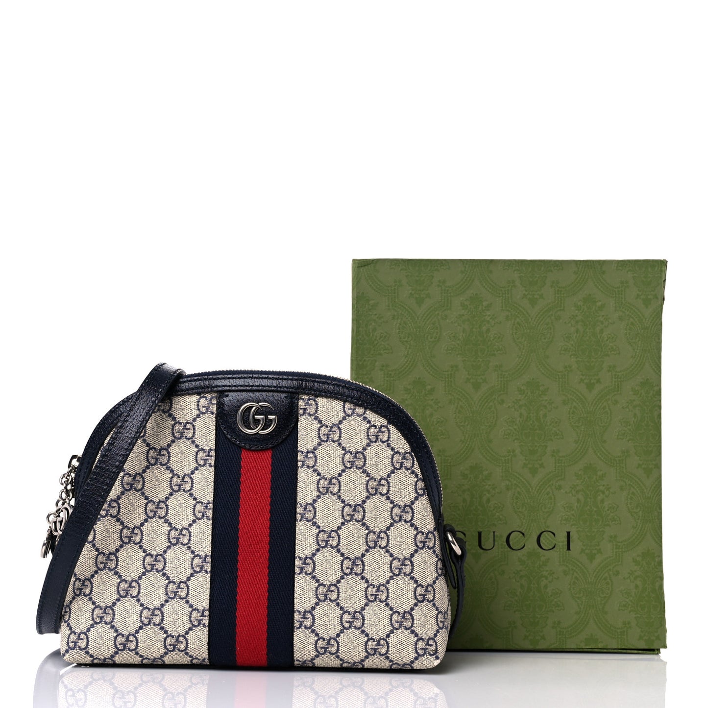 GG Supreme Monogram Textured Dollar Calfskin Web Small Ophidia Dome Shoulder Bag Beige Blue