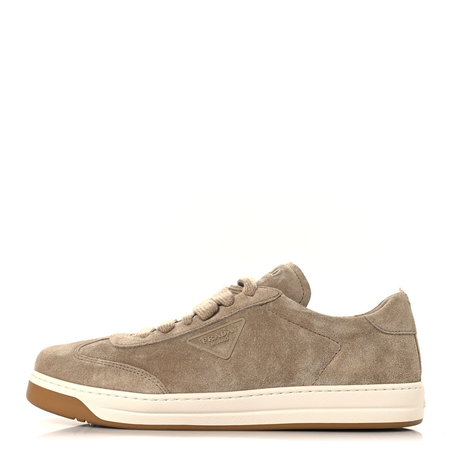 Prada Suede Triangle Womens Low Top Sneakers 38.5 Beige 1 of 8