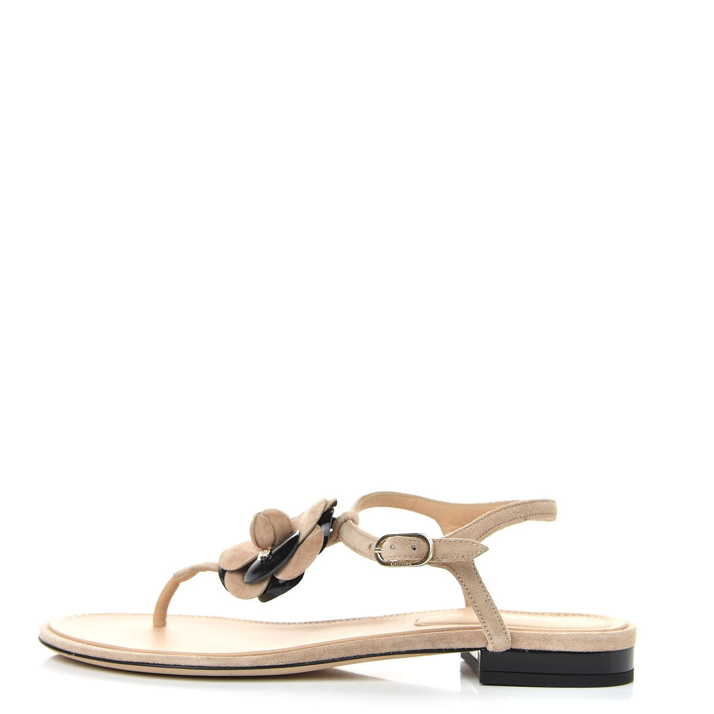 Suede Patent Calfskin Camellia Thong Sandals 37.5 Beige Black