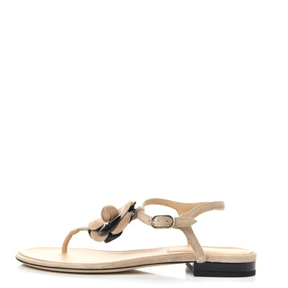 Chanel Suede Patent Calfskin Camellia Thong Sandals 37.5 Beige Black 1 of 11