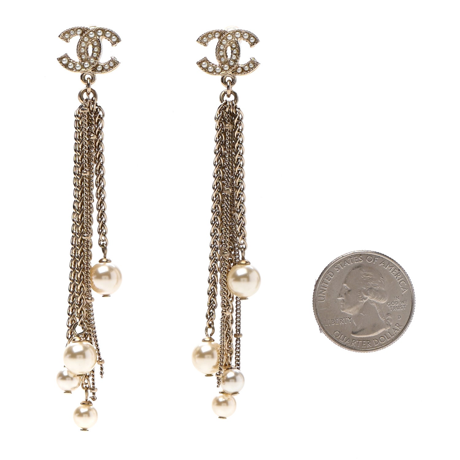 Chanel Glass Pearl CC Long Drop Earrings Gold 2 of 4