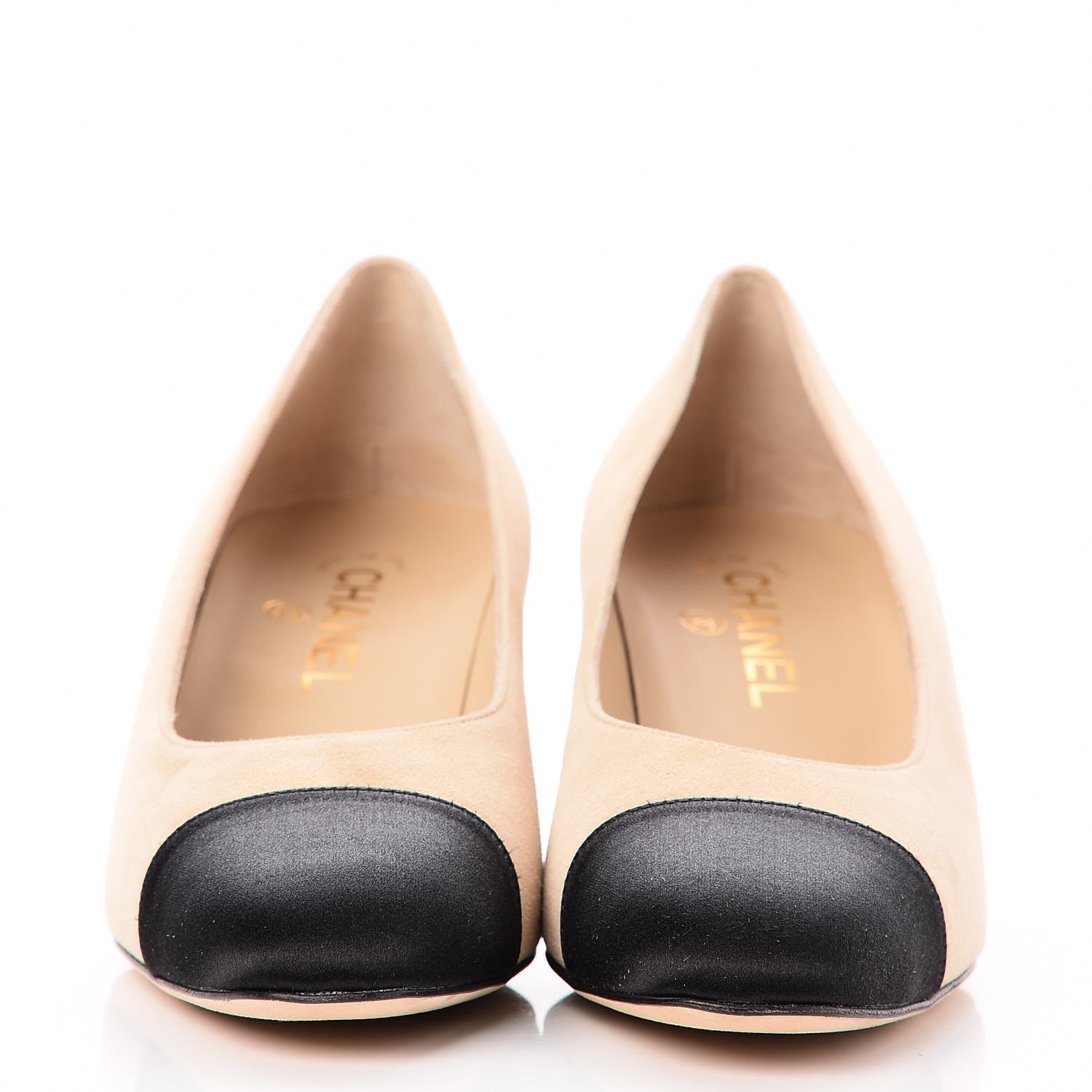 Chanel Suede Satin Cap Toe Low Heel Pumps 39 Beige Black 2 of 10