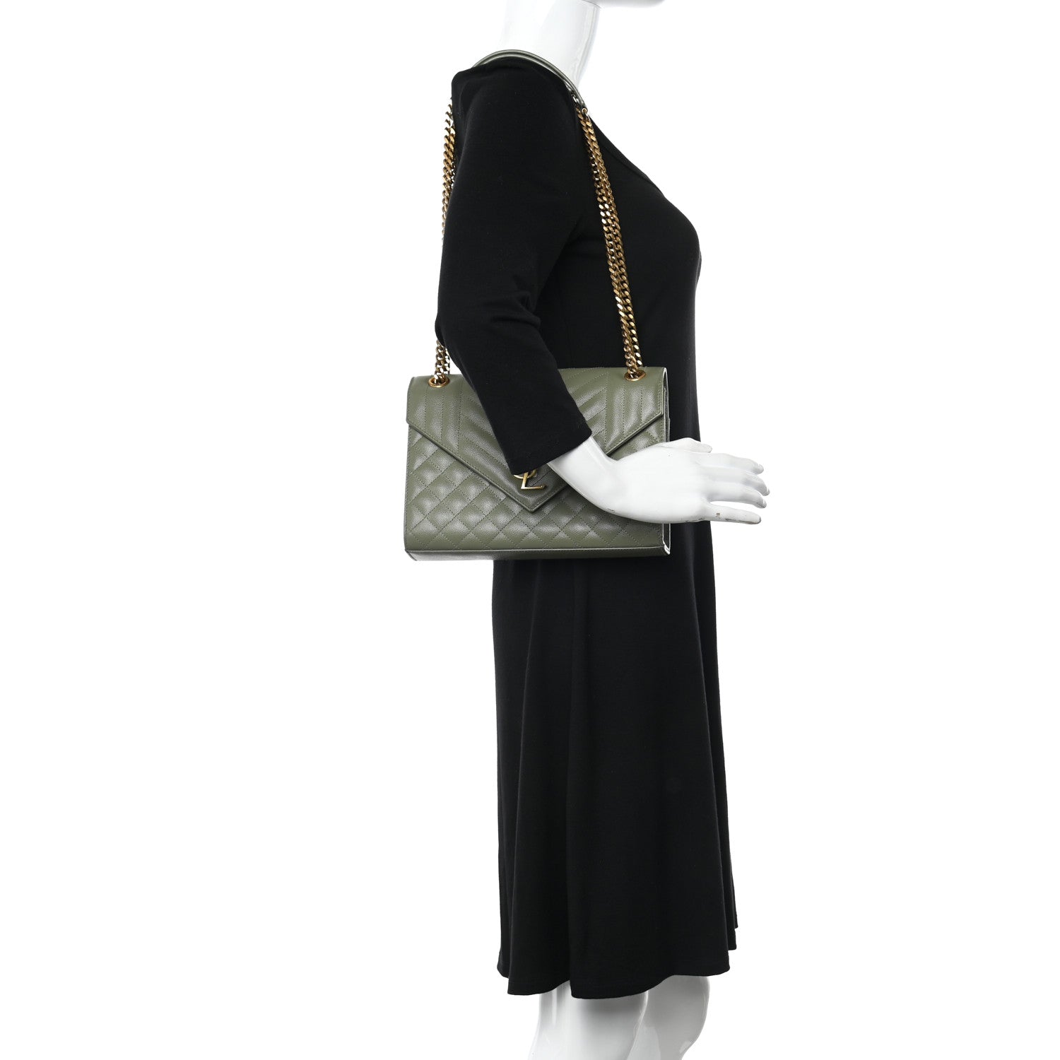 Saint Laurent Grain De Poudre Textured Mixed Matelasse Medium Triquilt Monogram Satchel Vert Kaki 2 of 17