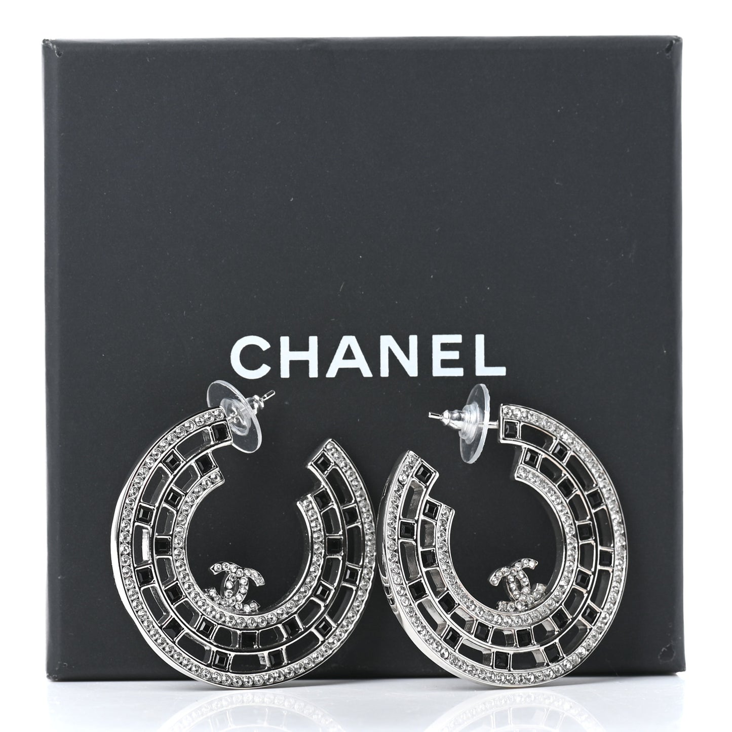 Baguette Crystal CC Hoop Earrings Silver Black