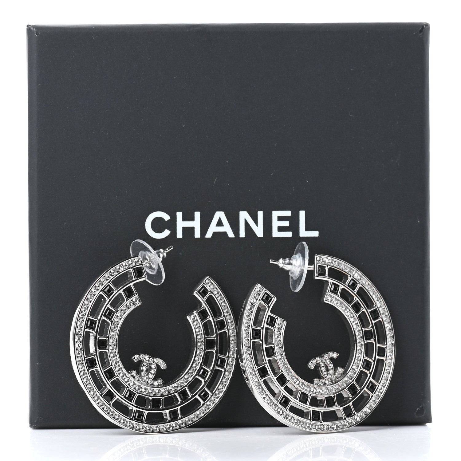 Chanel Baguette Crystal CC Hoop Earrings Silver Black 5 of 5