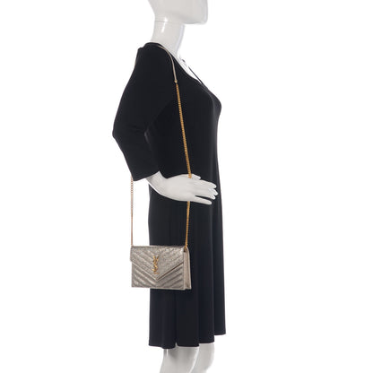 Saint Laurent Metallic Crackled Calfskin Matelasse Chevron Monogram Envelope Chain Wallet Gold 2 of 6