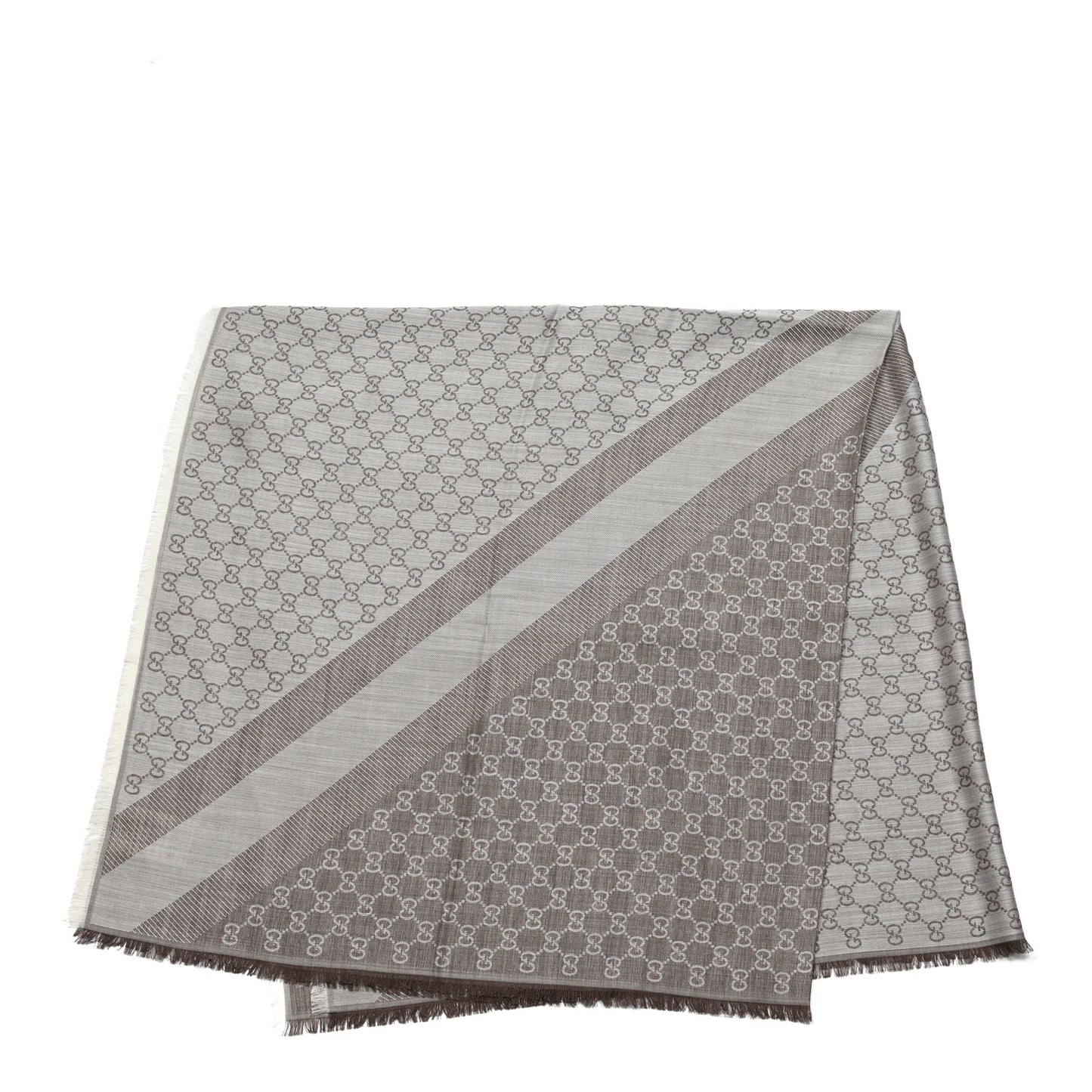 Wool Silk Monogram GGWeb Fringe Shawl Bitume Ivory