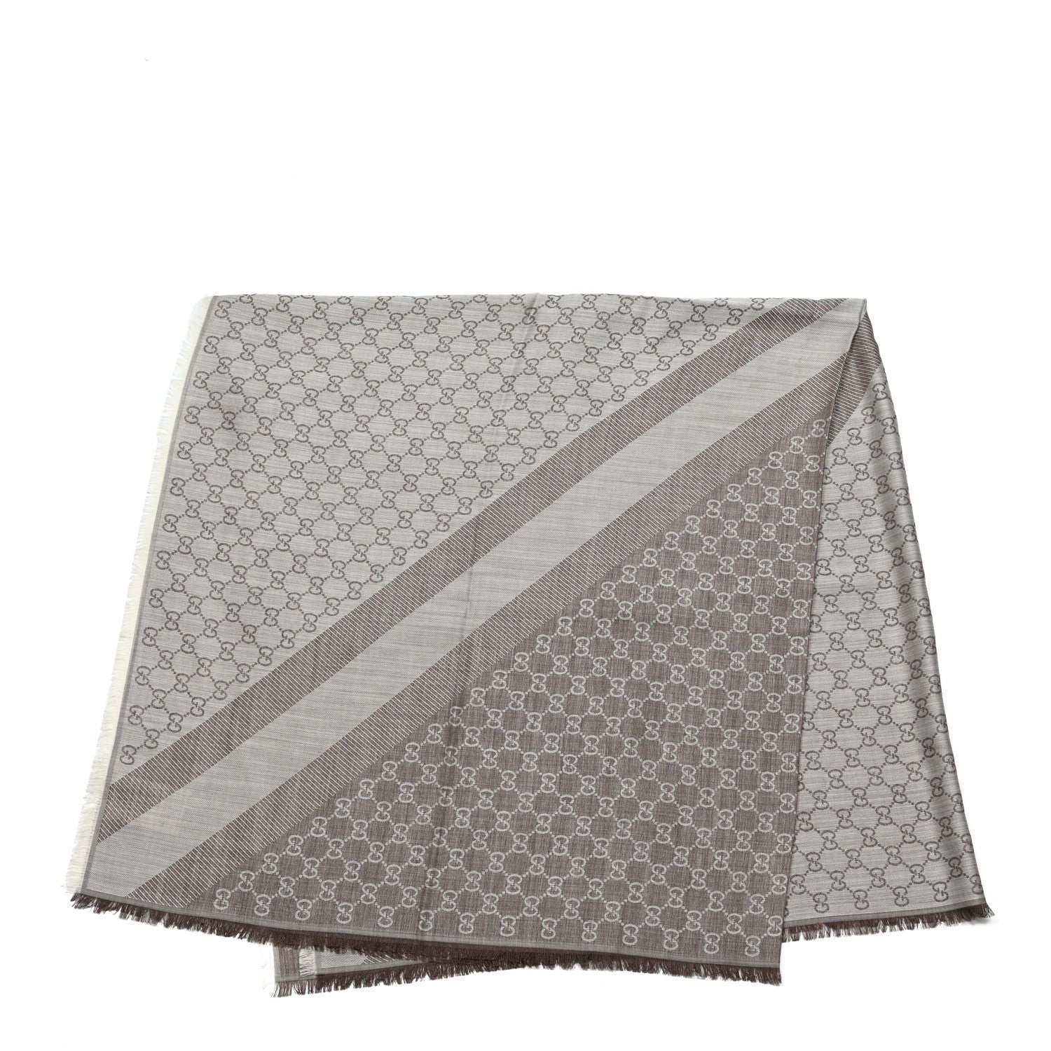 Gucci Wool Silk Monogram GGWeb Fringe Shawl Bitume Ivory 2 of 4