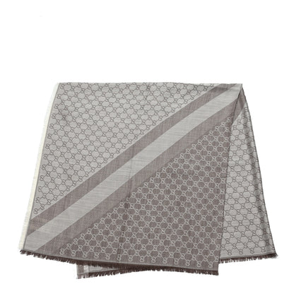 Gucci Wool Silk Monogram GGWeb Fringe Shawl Bitume Ivory 2 of 4
