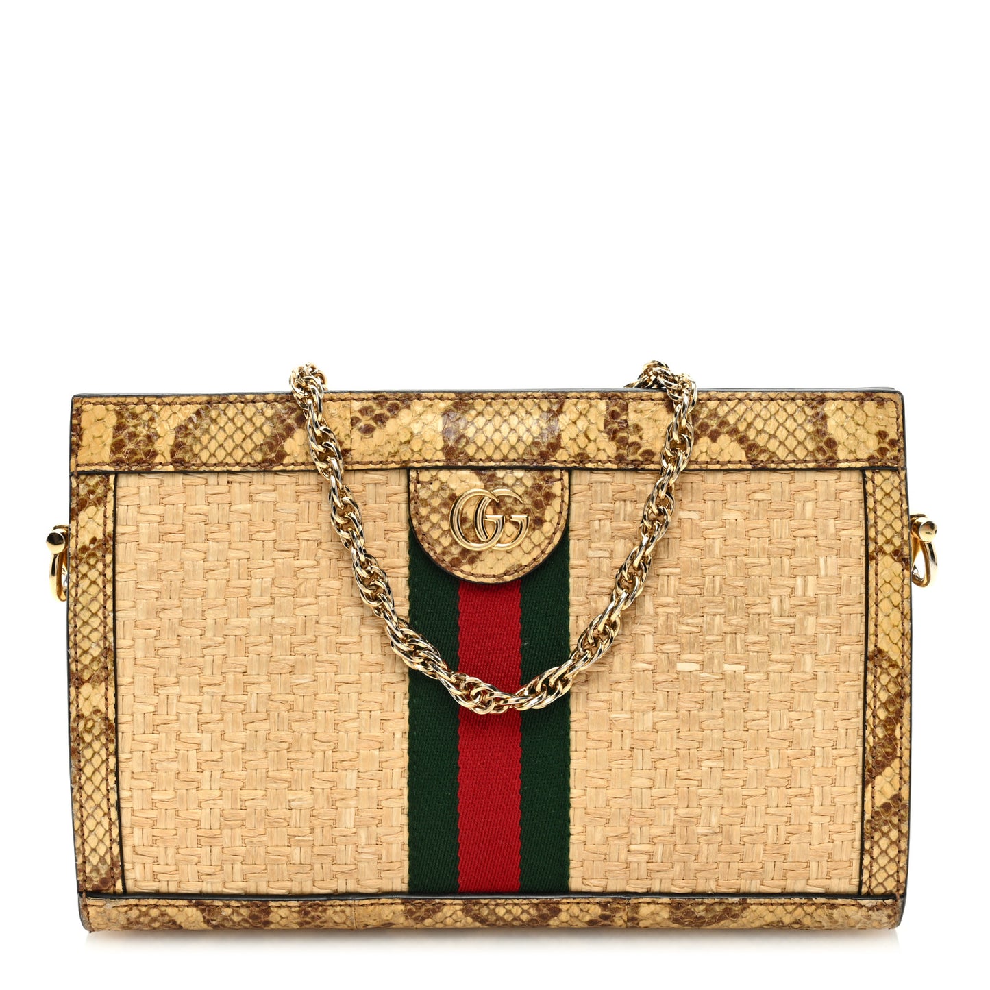 Raffia Elaphe GG Small Ophidia Chain Shoulder Bag Natural Cream Brown