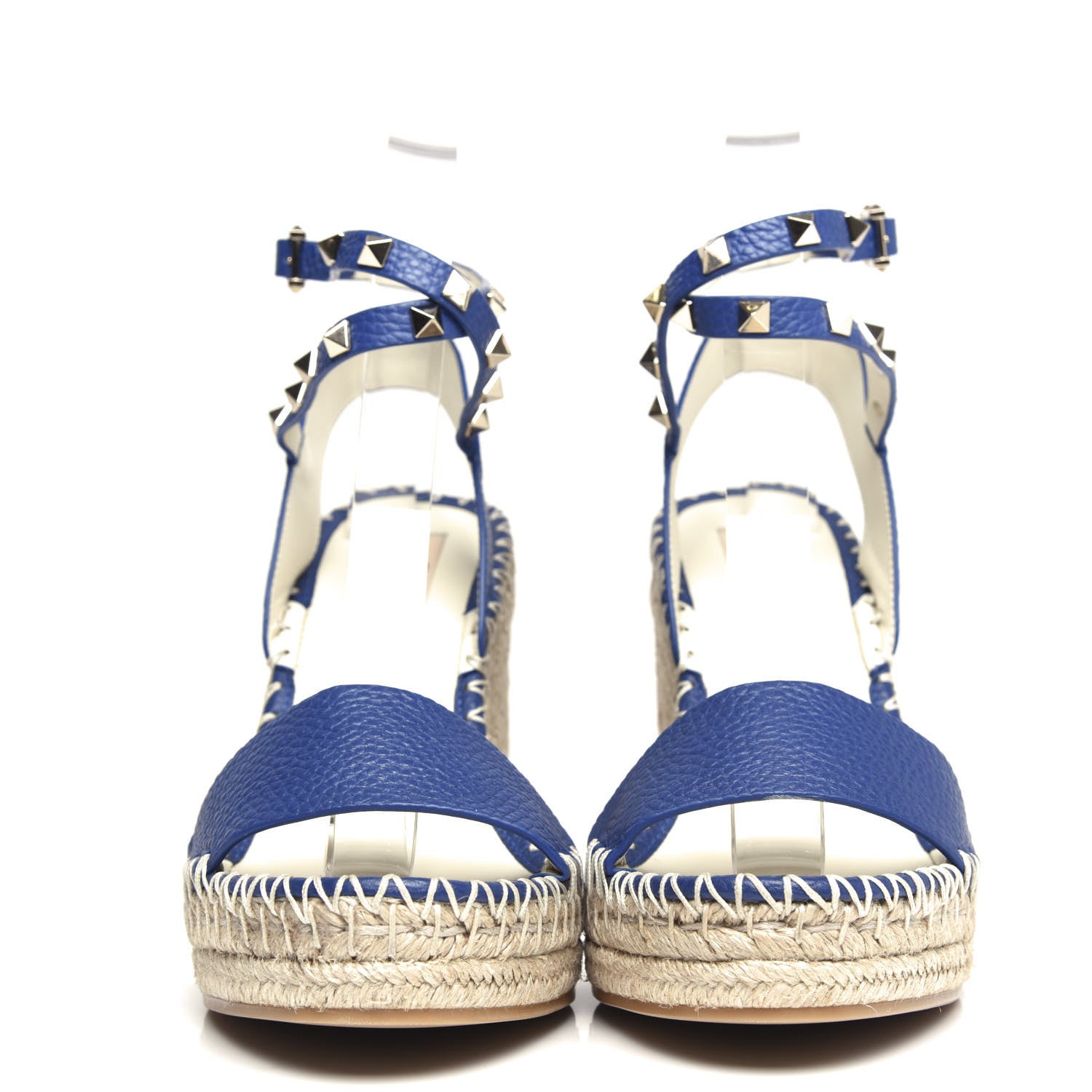 Valentino Garavani Grained Calfskin Rockstud Espadrille Wedge Sandals 41 Blue 2 of 10