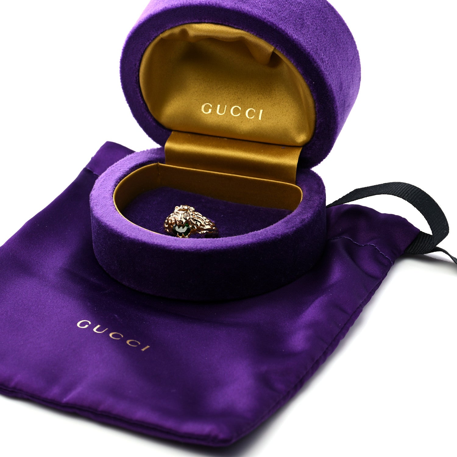 Gucci 18K Yellow Gold Diamond Chrome Diopside Lion Head Ring 55 7.25 9 of 9