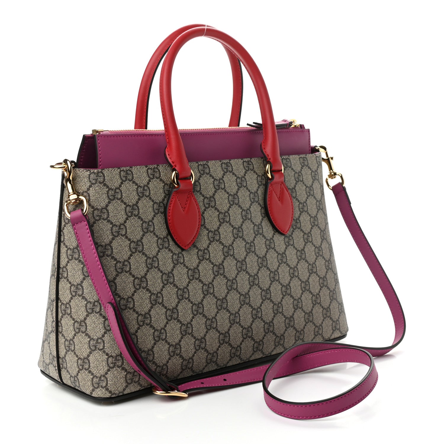 Gucci GG Supreme Monogram Moon Calfskin Small Zip Top Tote Beige Ebony Hibiscus Red New Rosette 3 of 10