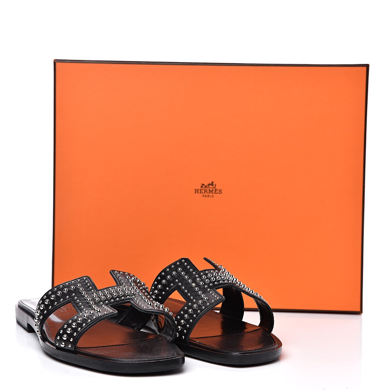 Hermes Calfskin Studded Oran Sandals 38.5 Black 10 of 10