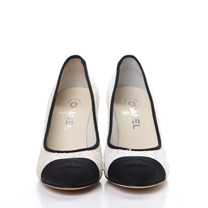 Chanel Tweed Grosgrain Cap Toe Logo Pumps 37.5 Black White Blue Pink 2 of 11