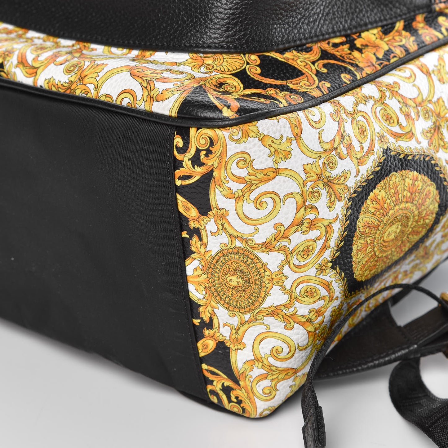 Calfskin Baroque Print Backpack Black Gold Hibiscus