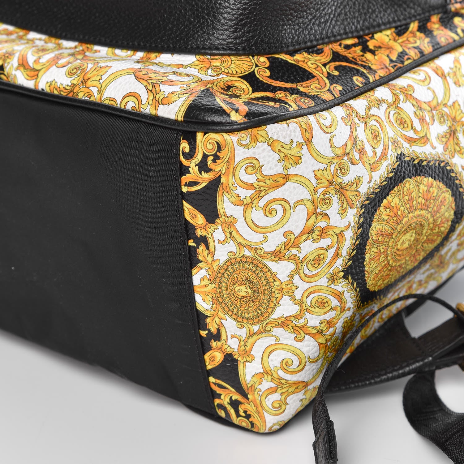 Versace Calfskin Baroque Print Backpack Black Gold Hibiscus 8 of 8