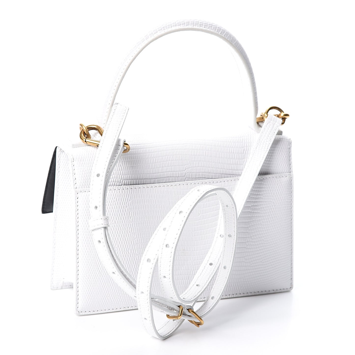Patent Calfskin Lizard Embossed XS Sharp Top Handle Bag White