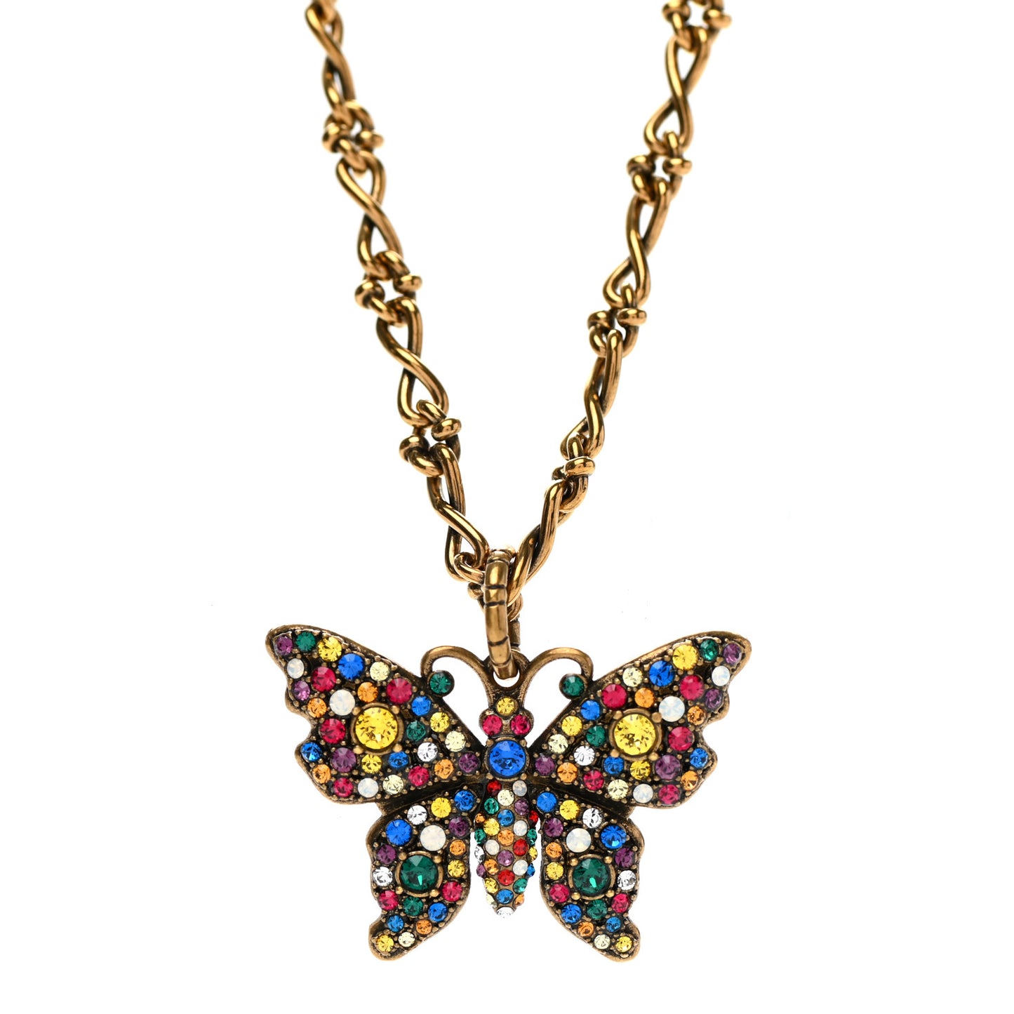 Metal Crystal Butterfly Necklace Aged Gold Multicolor