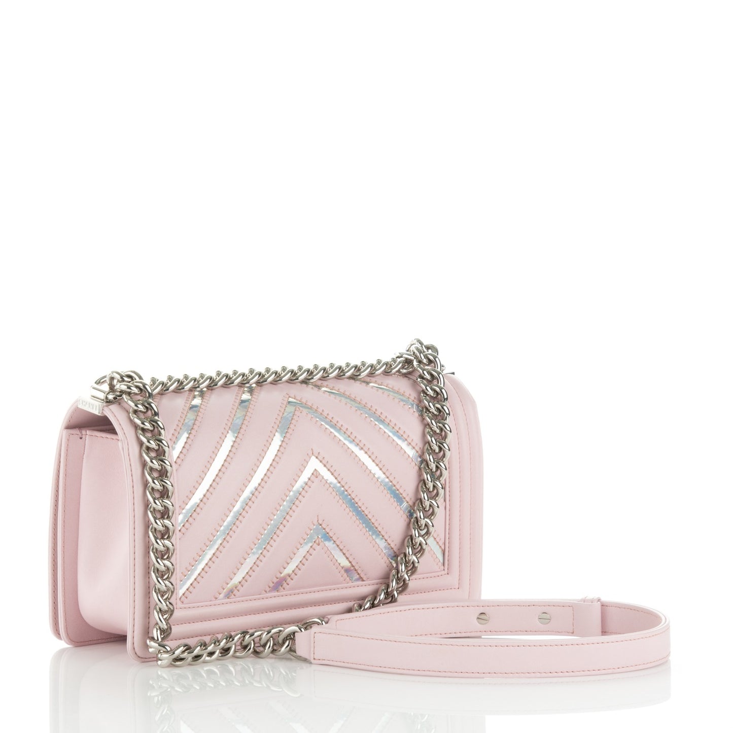 Lambskin Iridescent PVC Medium Boy Flap Light Pink Silver