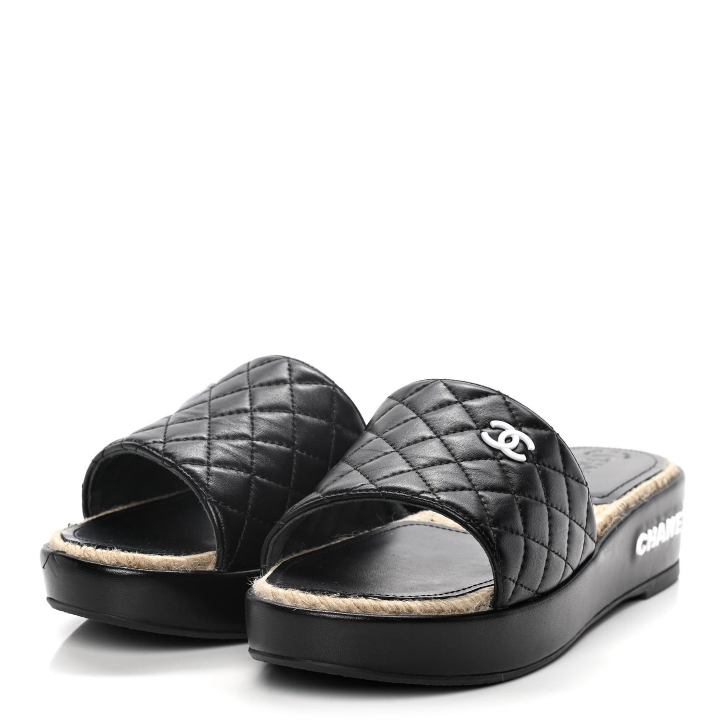 Lambskin Quilted CC Espadrille Slip On Sandals 39 Black