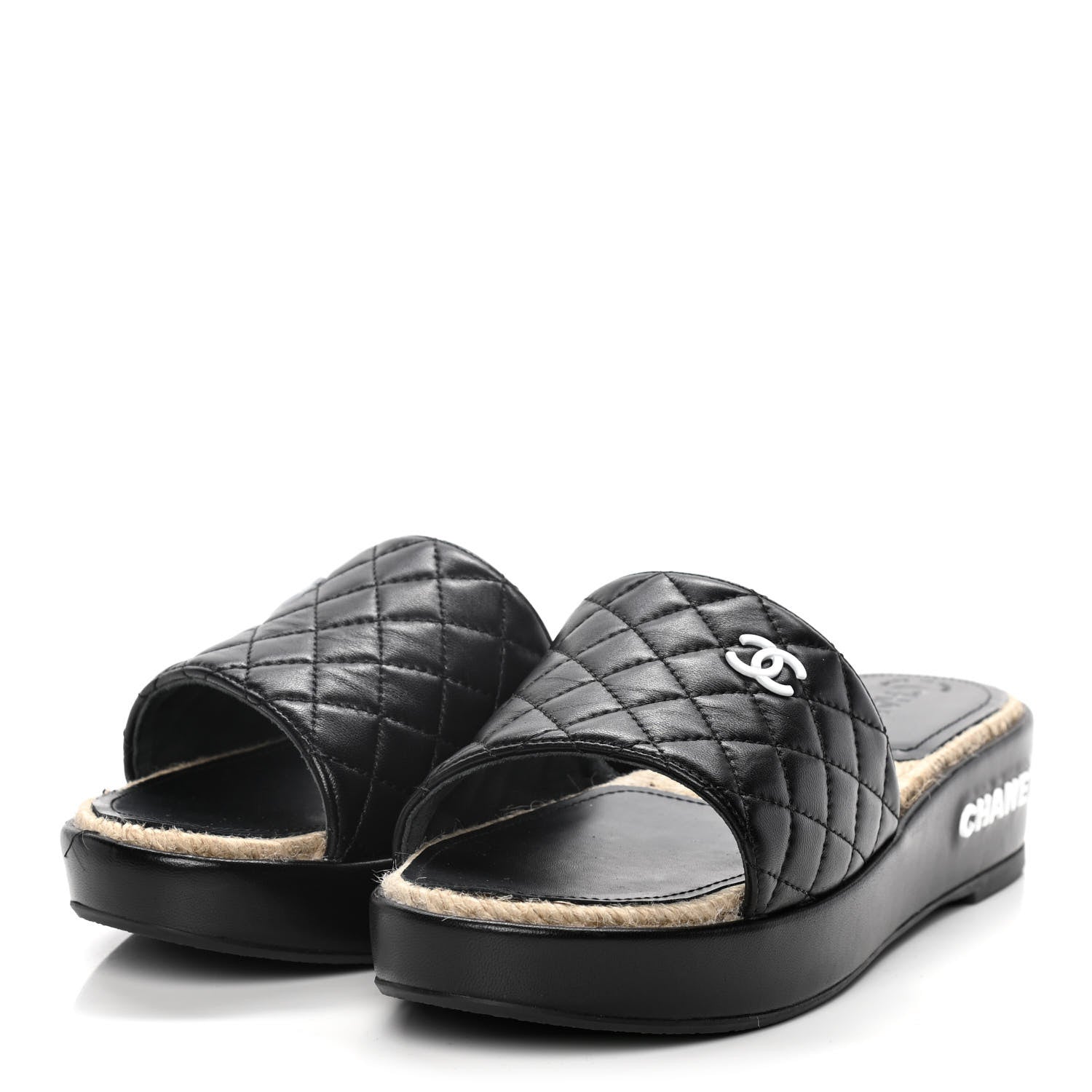 Chanel Lambskin Quilted CC Espadrille Slip On Sandals 39 Black 3 of 14