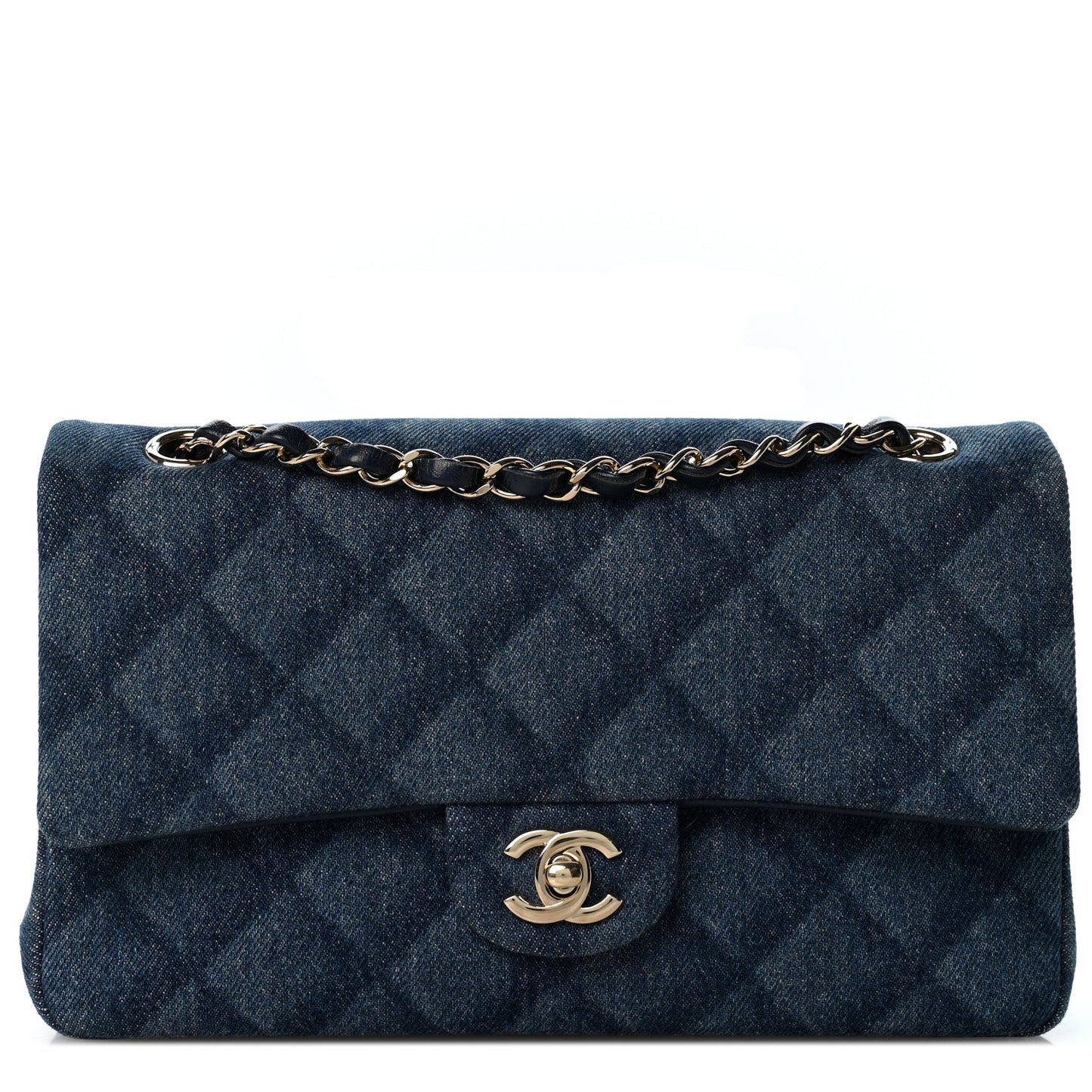 Printed Denim Quilted Medium Double Flap Light Blue