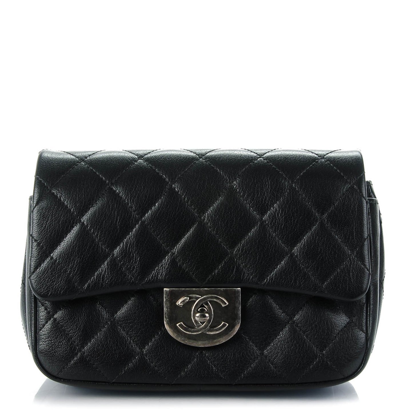 Shiny Goatskin Quilted Small Double Carry Waist Chain Flap Black