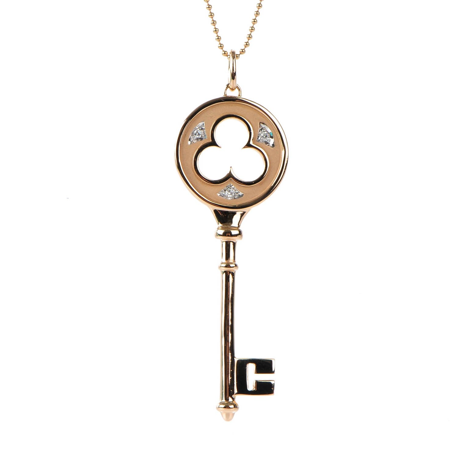 Tiffany 18K Rose Gold Diamond Clover Key Pendant Necklace 3 of 7