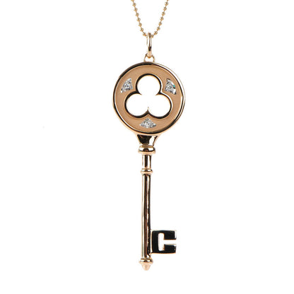 Tiffany 18K Rose Gold Diamond Clover Key Pendant Necklace 3 of 7