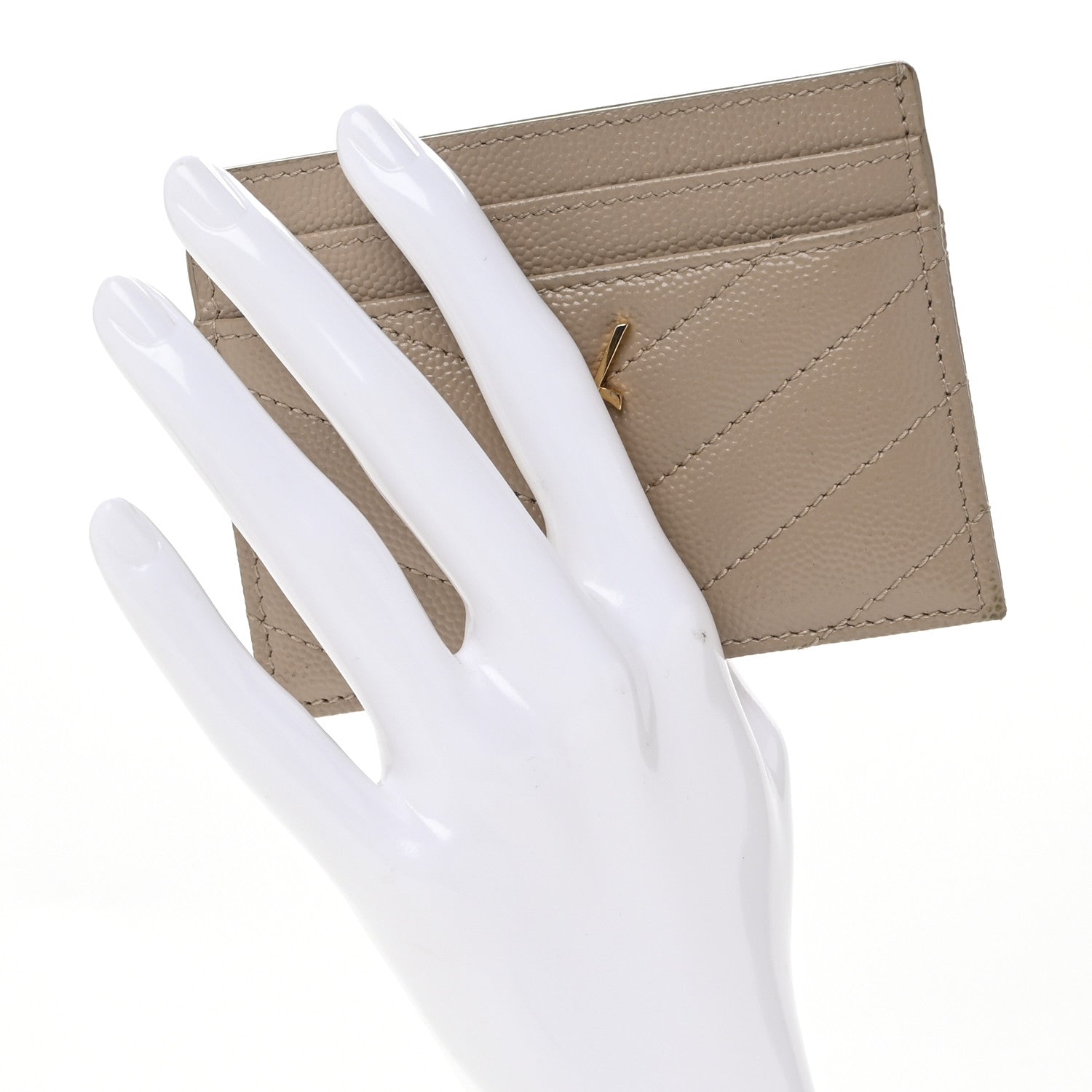 Saint Laurent Grain De Poudre Matelasse Chevron Monogram Credit Card Case Dark Beige 2 of 11