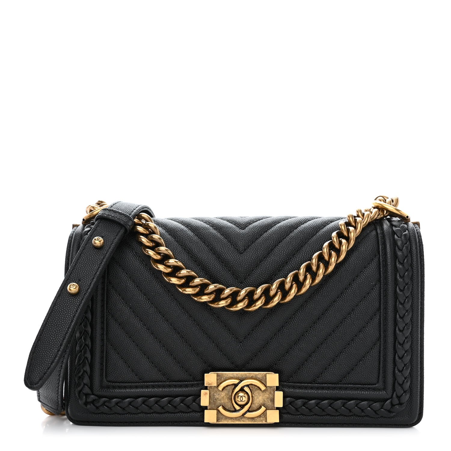 Chanel Caviar Chevron Quilted Braided Medium Boy Flap Black 1 of 11