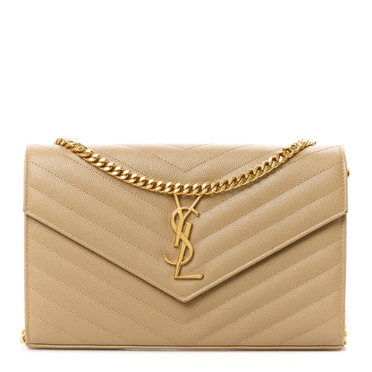 Saint Laurent Grain De Poudre Matelasse Chevron Monogram Chain Wallet Dark Latte 1 of 13