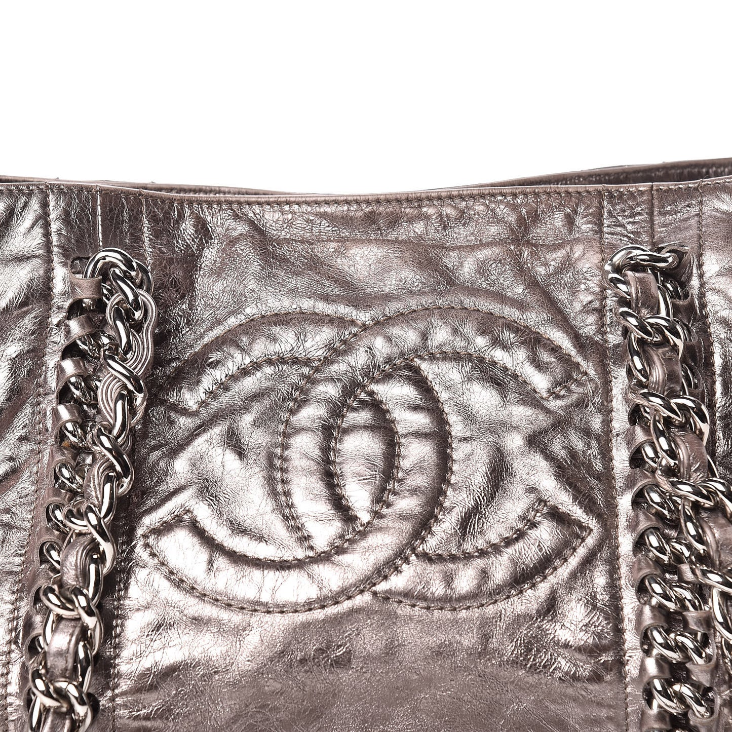 Metallic Cracked Calfskin Modern Chain Tote Dark Silver