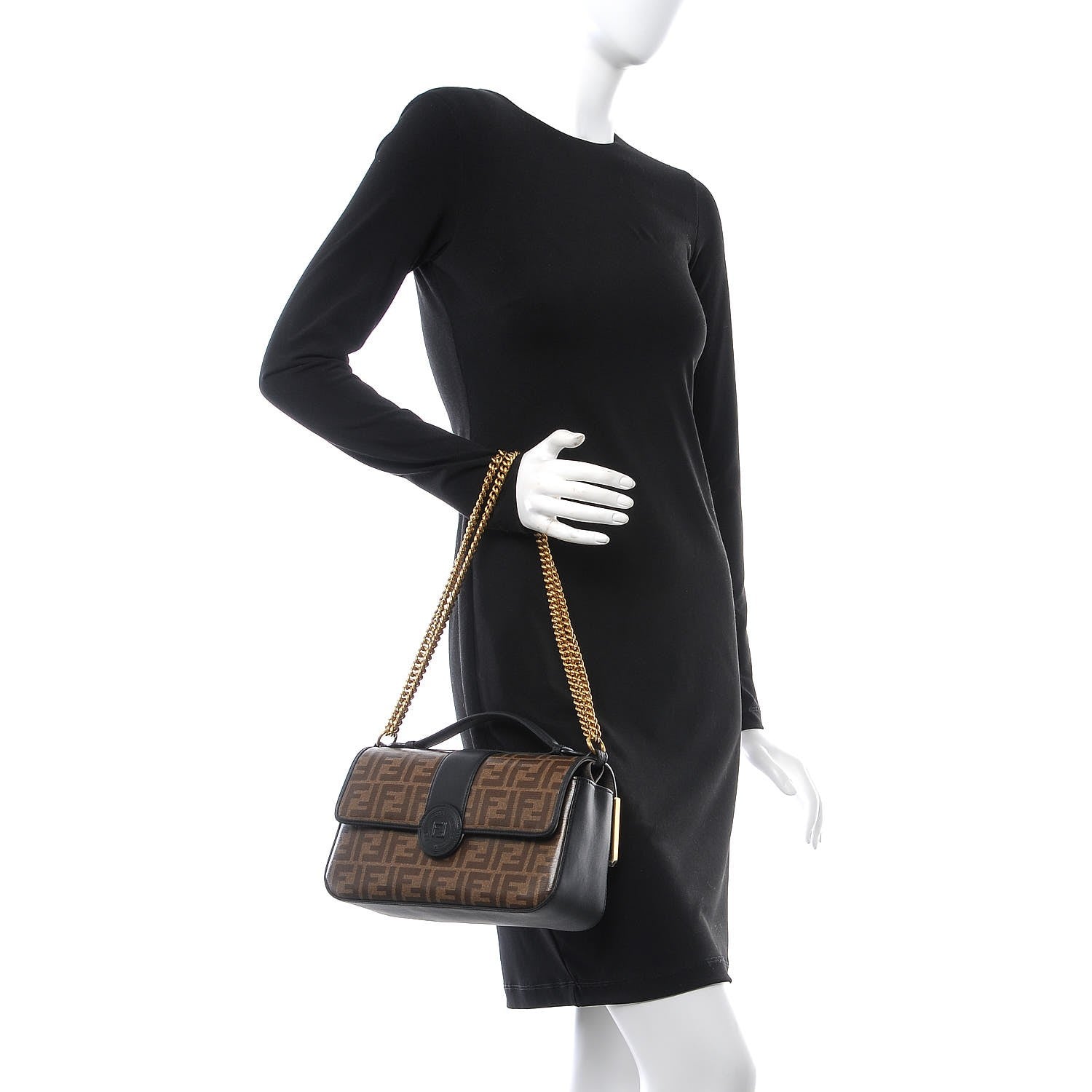 Fendi Vitello Grace Glazed Fabric FF 1974 Double F Shoulder Bag Black Mogano Panna 2 of 8