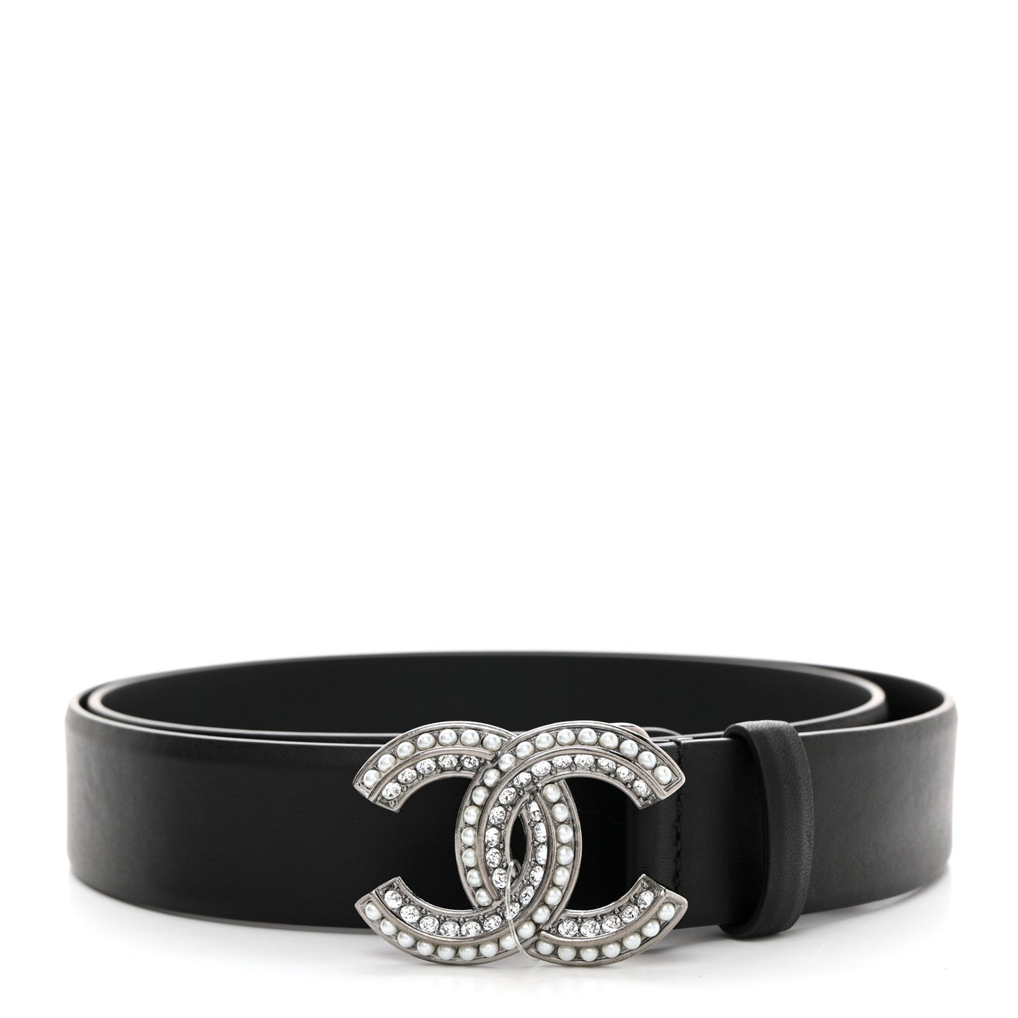 Calfskin Pearl Crystal CC Belt 85 34 Black