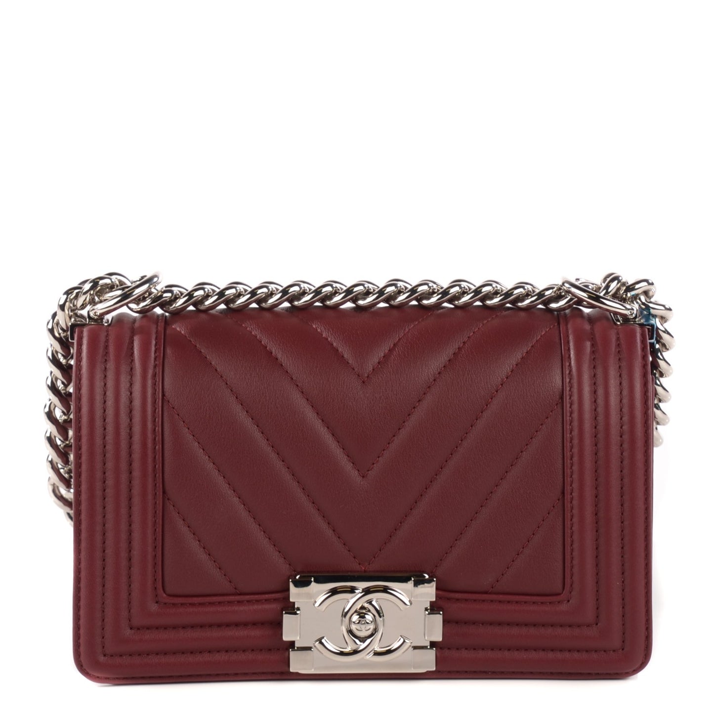 Calfskin Chevron Quilted Small Boy Flap Burgundy