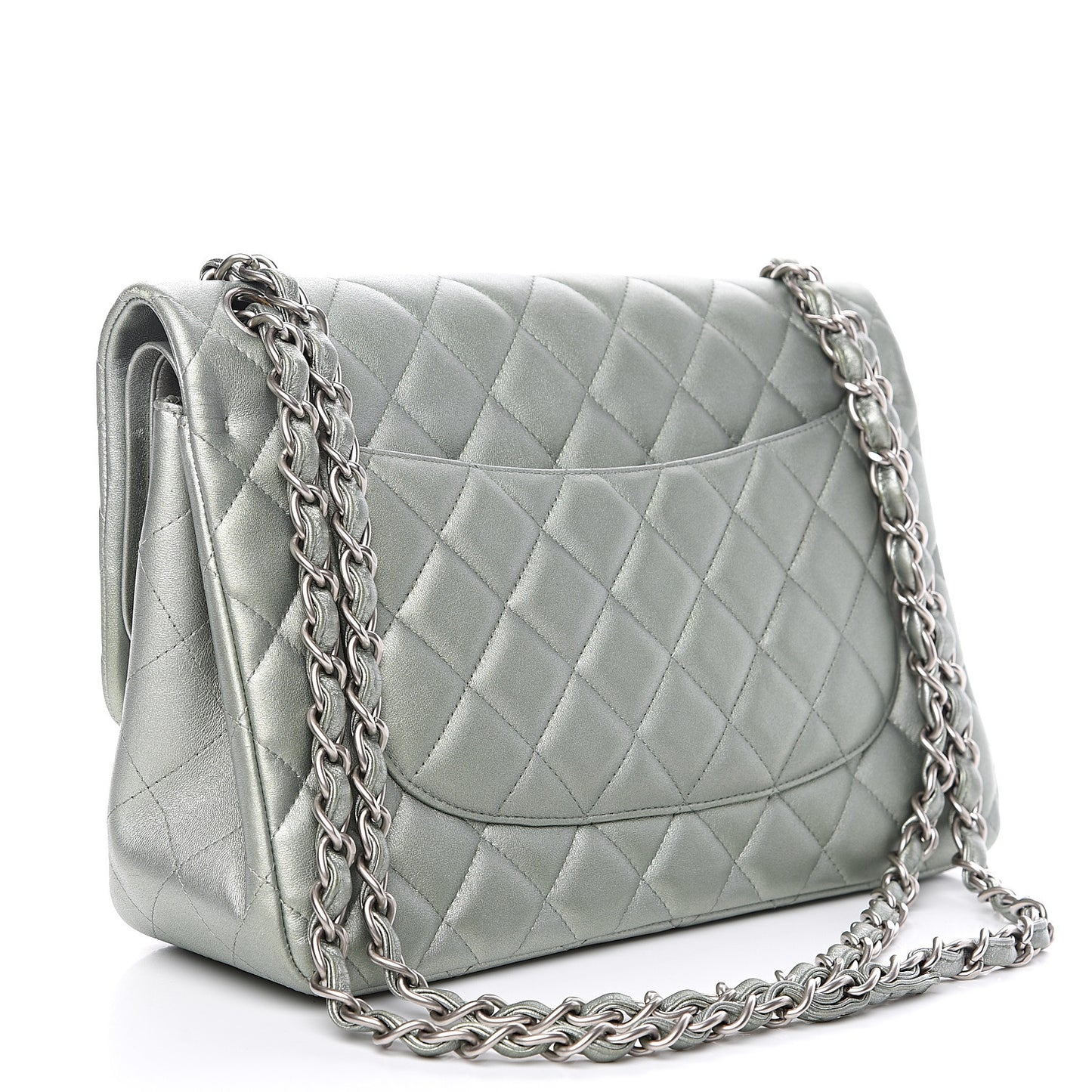 Metallic Lambskin Quilted Jumbo Double Flap Green